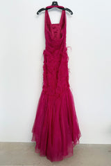 1990s Thierry Mugler Pink Silk Organza Halter Dress w Full Lower Skirts & Sequin Detailing