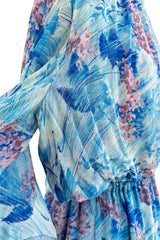 Dreamy 1970s Pierre Cardin Blue Floral Print Silk Chiffon Dress w Long Angel Sleeves