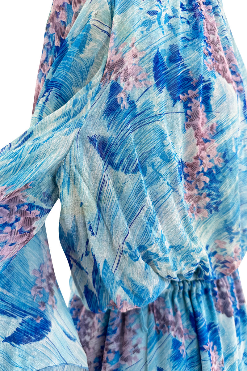Dreamy 1970s Pierre Cardin Blue Floral Print Silk Chiffon Dress w Long Angel Sleeves