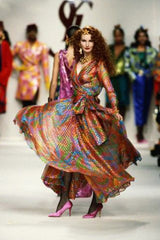 Spectacular Fall 1989 Yves Saint Laurent Runway Metallic Gold Detailed Silk Chiffon Dress