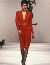 Iconic Spring 1985 Yves Saint Laurent Runway & Ad Campaign Plunge Dress w Jewel Clasp