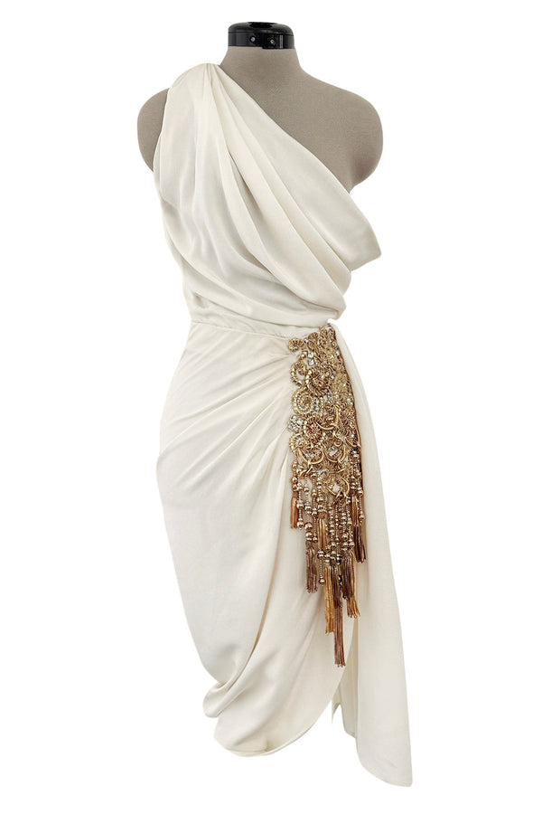 Recent Givenchy Ivory Crepe Silk Wrapped Angled Hem Dress w Cascading – Shrimpton Couture