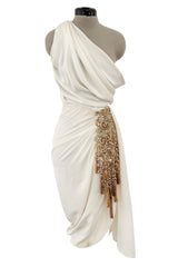 Spring 1990 Hubert de Givenchy Haute Couture Runway Ivory Silk Dress w Gold Metal Detailing
