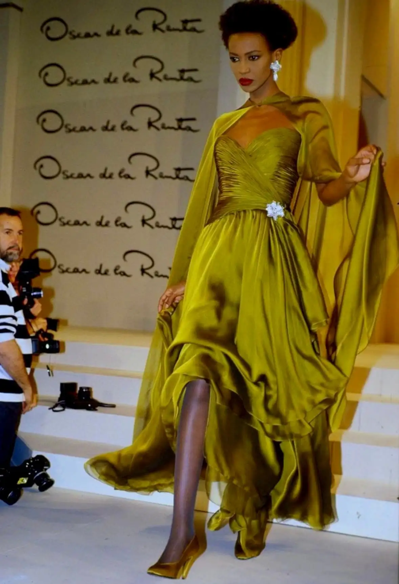 Fall 1989 Oscar de la Renta Iridescent Green Gold Silk Chiffon Strapless Dress w Matching Cape