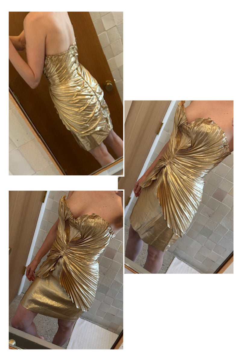 Outstanding Spring 1986 Thierry Mugler Pleated Metallic Gold Lurex Pleated Strapless Bodice 'Shell' Dress