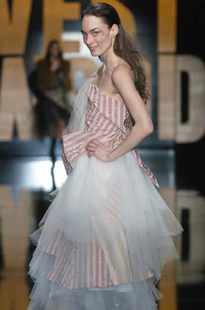 Fall 2005 Vivienne Westwood 'Propaganda' Runway Stripe & Tulle Corset & Skirt Dress Set