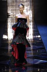 Exceptional Fall 2005 Original Valentino Runway Look 82 Black Velvet Dress w Bows, Silk Tiers & Pink Detailing