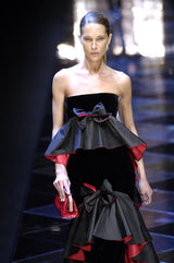 Exceptional Fall 2005 Original Valentino Runway Look 82 Black Velvet Dress w Bows, Silk Tiers & Pink Detailing