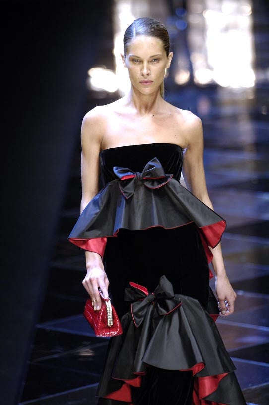 Exceptional Fall 2005 Original Valentino Runway Look 82 Black Velvet Dress w Bows, Silk Tiers & Pink Detailing