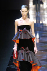 Exceptional Fall 2005 Original Valentino Runway Look 82 Black Velvet Dress w Bows, Silk Tiers & Pink Detailing