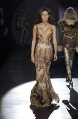 Sexiest 2003 Roberto Cavalli Laced Back Corset Leopard Print Silk Chiffon Dress w Stitched Panels