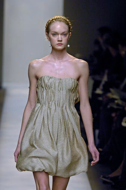 Fall 2007 Bottega Veneta by Tomas Maier Strapless Gold Metallic Dress w Puffed Skirt