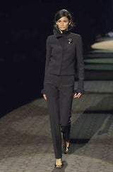 Minimalist Fall 2000 Gucci by Tom Ford Runway Look 3 Black Pant Suit w Leather Collar Detailing