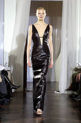 Exceptional Fall 2000 Richard Tyler Couture Plunging Front & Open Back Sculpted Black Ultrasoft Leather Dress