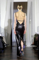 Exceptional Fall 2000 Richard Tyler Couture Plunging Front & Open Back Sculpted Black Ultrasoft Leather Dress