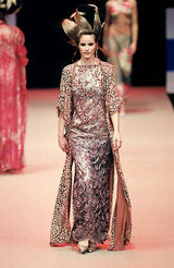 Exceptional Spring 1998 Christian Lacroix Runway Net Lace & French Blue Printed Silk Dress