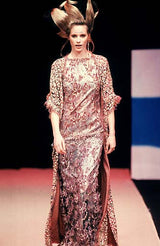 Exceptional Spring 1998 Christian Lacroix Runway Net Lace & French Blue Printed Silk Dress