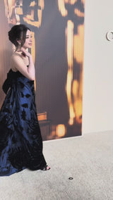 Fall 1987 Bill Blass Runway Strapless Black Velvet Detailed Blue Silk Dress w Elaborate Back Bow