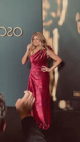 Outstanding 1991-92 Yves Saint Laurent Deep Pink Cut Devore Velvet w Black Under Pattern One Shoulder Dress