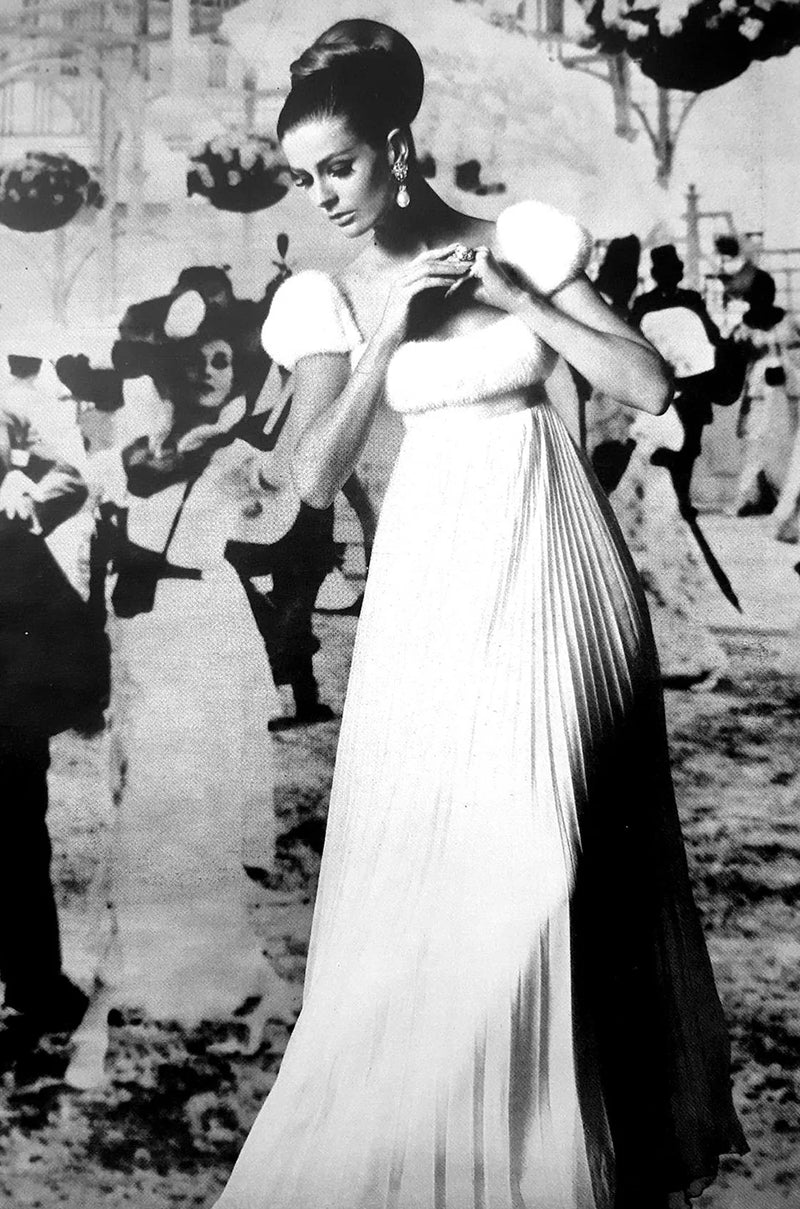 Incredible 1968 Sarmi Ivory Silk Net Dress w Mink Bodice & Metallic Tinsel Dot Detailing