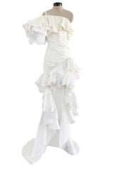 Spring 1988 Emanuel Ungaro Haute Couture Ivory Silk, Silk Net & Dotted Tulle One Shoulder Trained Mini Dress