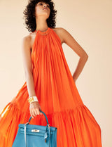 Resort 2016 Stella McCartney Runway Finale Look 34 Silk Dress w Gold Metal Collar & Ruffled Hem