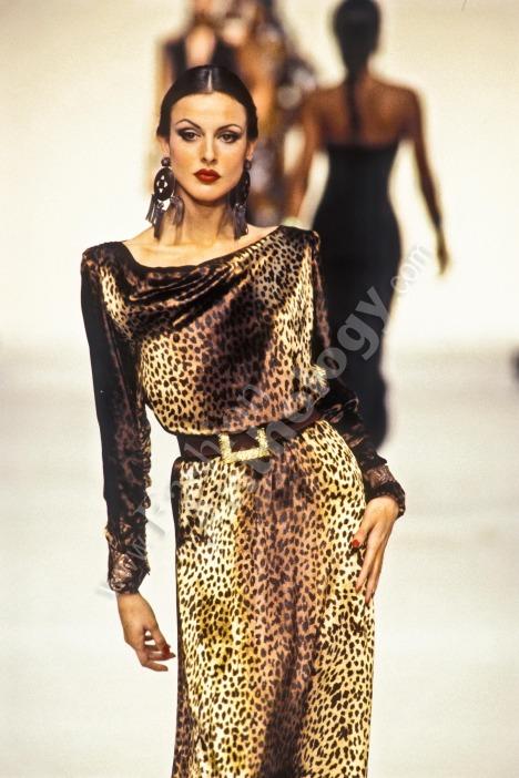 Important Spring 1993 Yves Saint Laurent Runway Draped Neckline Panne Velvet Leopard Print Dress