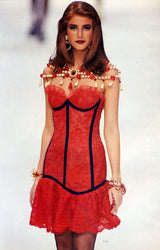 Amazing Spring 1992 Yves Saint Laurent Runway Red Lace Strapless Dress w Grosgrain Detailing