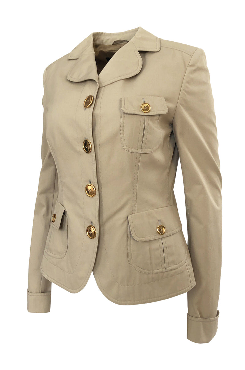 Early-mid 2000s Burberry Khaki & Gold Button Hip Flare Jacket