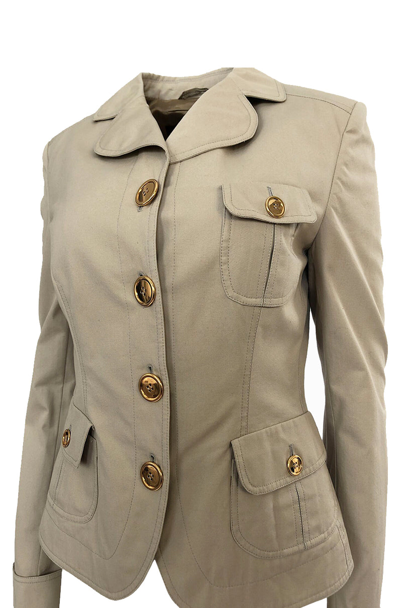 Early-mid 2000s Burberry Khaki & Gold Button Hip Flare Jacket