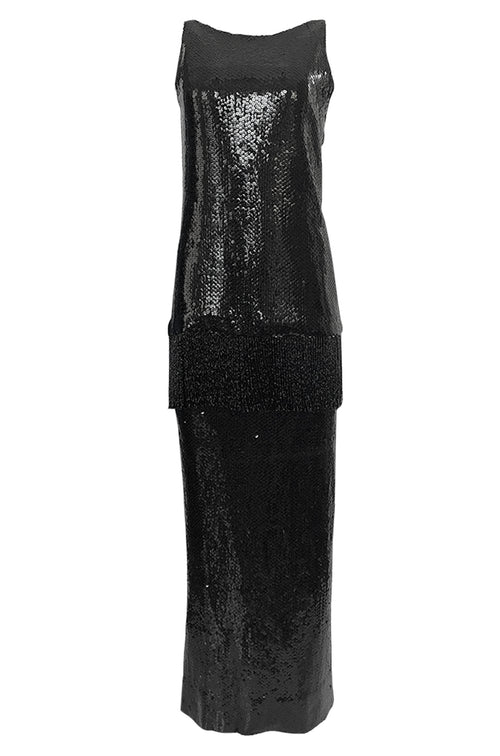 Fall 1974 Bill Blass Densely Covered Black Sequin Fringed Tunic & Skirt Dress Set