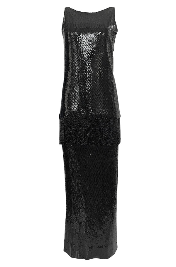 Fall 1974 Bill Blass Densely Covered Black Sequin Fringed Tunic & Skirt Dress Set