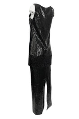 c 1974 Bill Blass Densely Covered Black Sequin Fringed Tunic & Skirt Dress Set