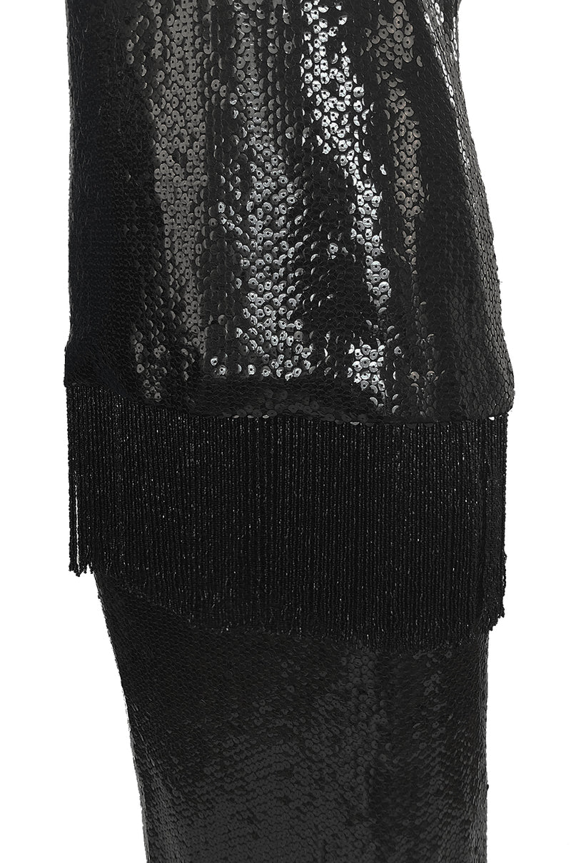 c 1974 Bill Blass Densely Covered Black Sequin Fringed Tunic & Skirt Dress Set