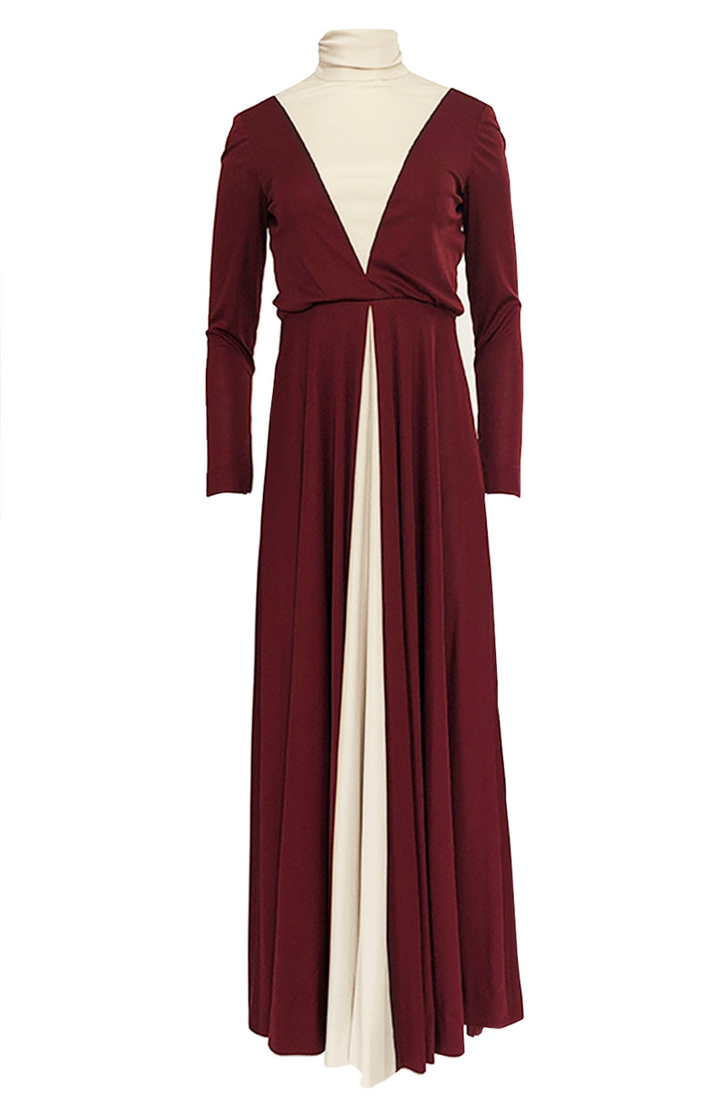 Fall 1973 Geoffrey Beene Graphic Burgundy and Taupey Cream Jersey Dres Shrimpton Couture Fall 1973 Geoffrey Beene Graphic Burgundy and Taupey Cream Jersey Dres Shrimpton Couture