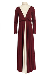 Fall 1973 Geoffrey Beene Graphic Burgundy and Taupey Cream Jersey Dress