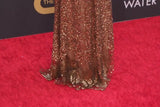 Fall 2002 Valentino Plunged Silk Net Chiffon Dress Completely Covered in Copper Sequins