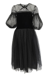 1970s Victor Costa Black Full Skirted Dotted Net & Velvet Bow Dress