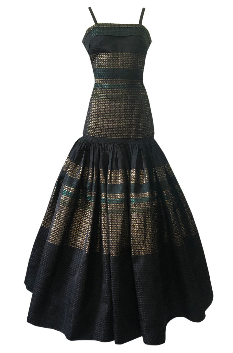 c 1945 Adrian Original Couture Black & Metallic Gold Silk Skirt & Top Dress Set