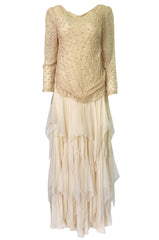 1970s Stavropoulos Cream Beaded Lace & Silk Chiffon Ivory Dress