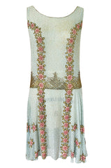 Extraordinary 1920s 3D Pink & Gold Floral Beaded Blue Flapper Dress