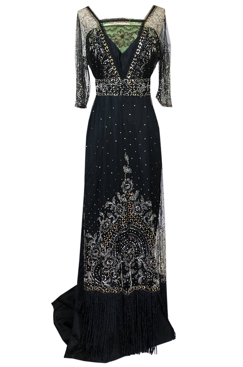 c.1910 Toutmain Paris Hand Beaded & Sequin Black Silk & Net Trained Go Shrimpton Couture c.1910 Toutmain Paris Hand Beaded & Sequin Black Silk & Net Trained Go Shrimpton Couture