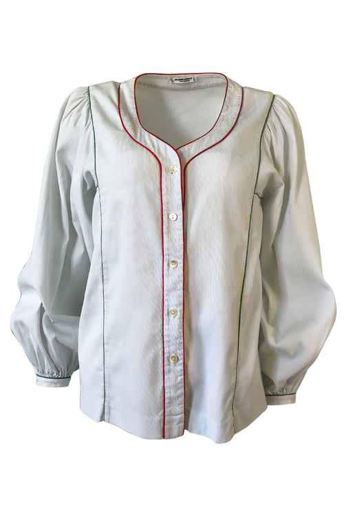 1970s Yves Saint Laurent Ribbed & Piped Cotton Top w Balloon Sleeves