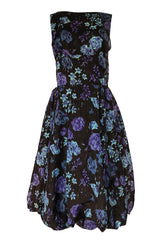 1950s Warped Floral Print Moire Silk Taffeta Bubble Skirt Dress