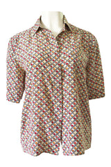 1970s Chloe Silk Geometric Earth Tones Print Short Sleeve Top