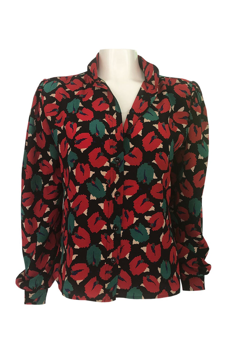 1980s Emanuel Ungaro Bright Red Floral Print Silk Top