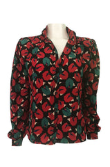 1980s Emanuel Ungaro Bright Red Floral Print Silk Top