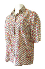 1970s Chloe Silk Geometric Earth Tones Print Short Sleeve Top