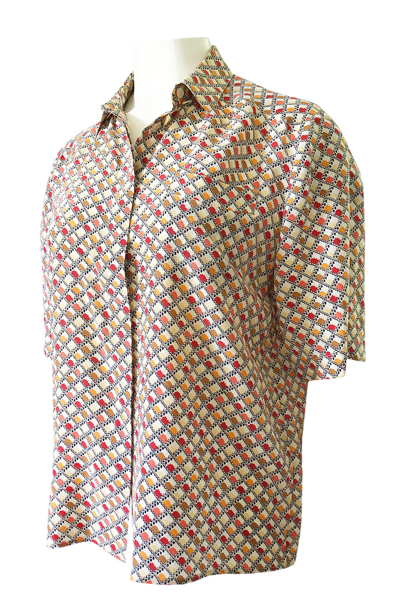 1970s Chloe Silk Geometric Earth Tones Print Short Sleeve Top