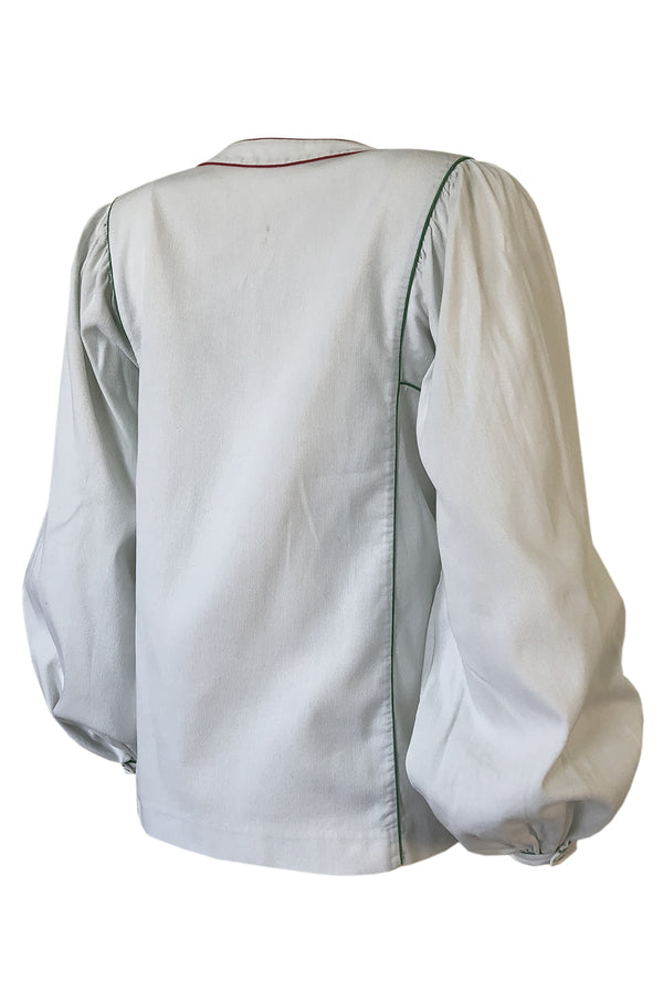 1970s Yves Saint Laurent Ribbed & Piped Cotton Top w Balloon Sleeves